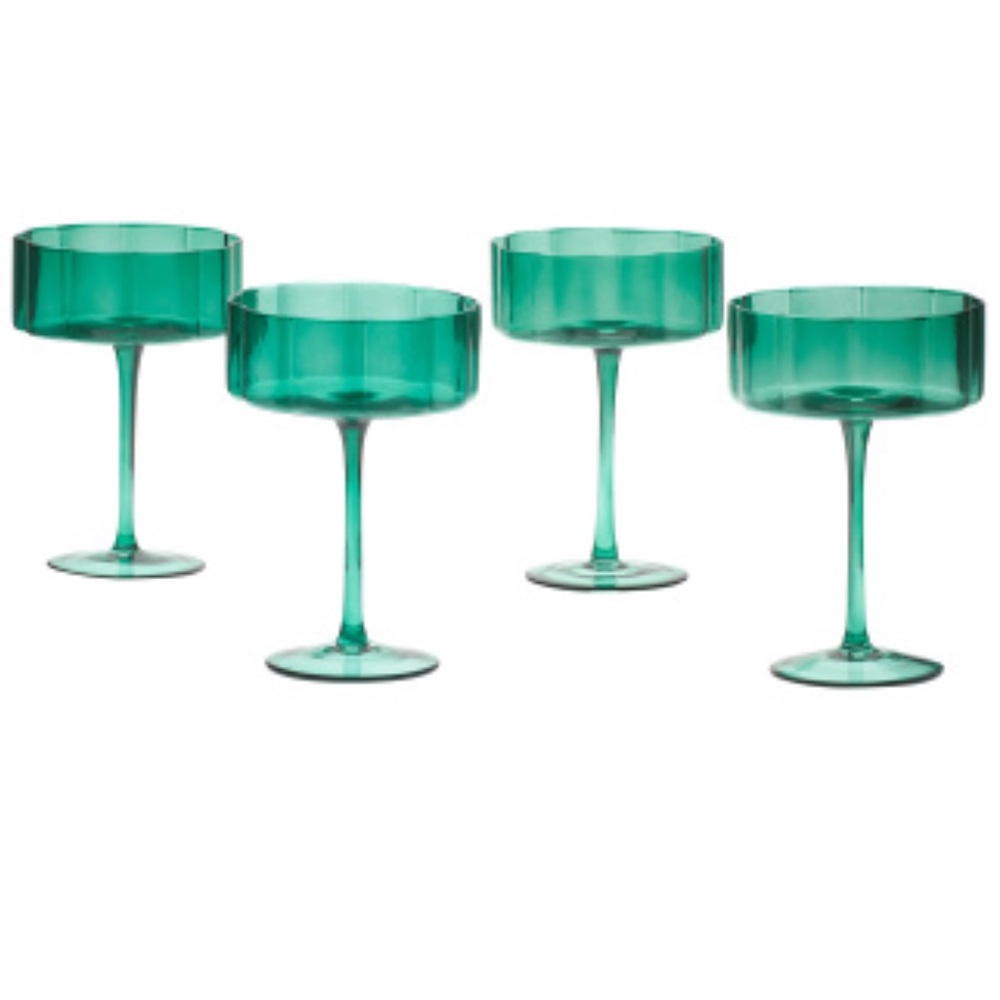 Green Glass Flower Shaped Coupe Champagne Martini Daquiri Glasses Set of 4 NEW